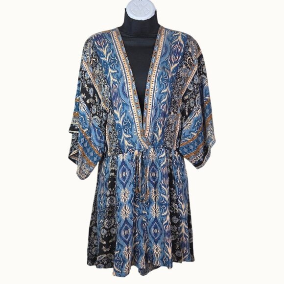 Free People Pants - Free People Boho Blue & Brown Floral Print Tie-Waist Romper Size S